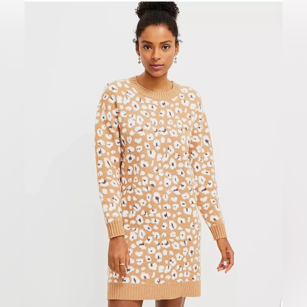 LOFT Leopard Print Sweater in Tan and White with Shimmer Spots - Size Small